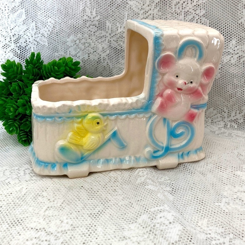 Vintage Bassinet Planter with Bear, Bird and Notes Made by Parma AAI in Japan